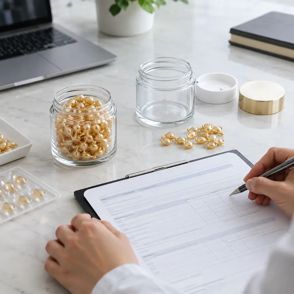 Serum capsule jar packaging RFQ review with filled capsules and production-intent components