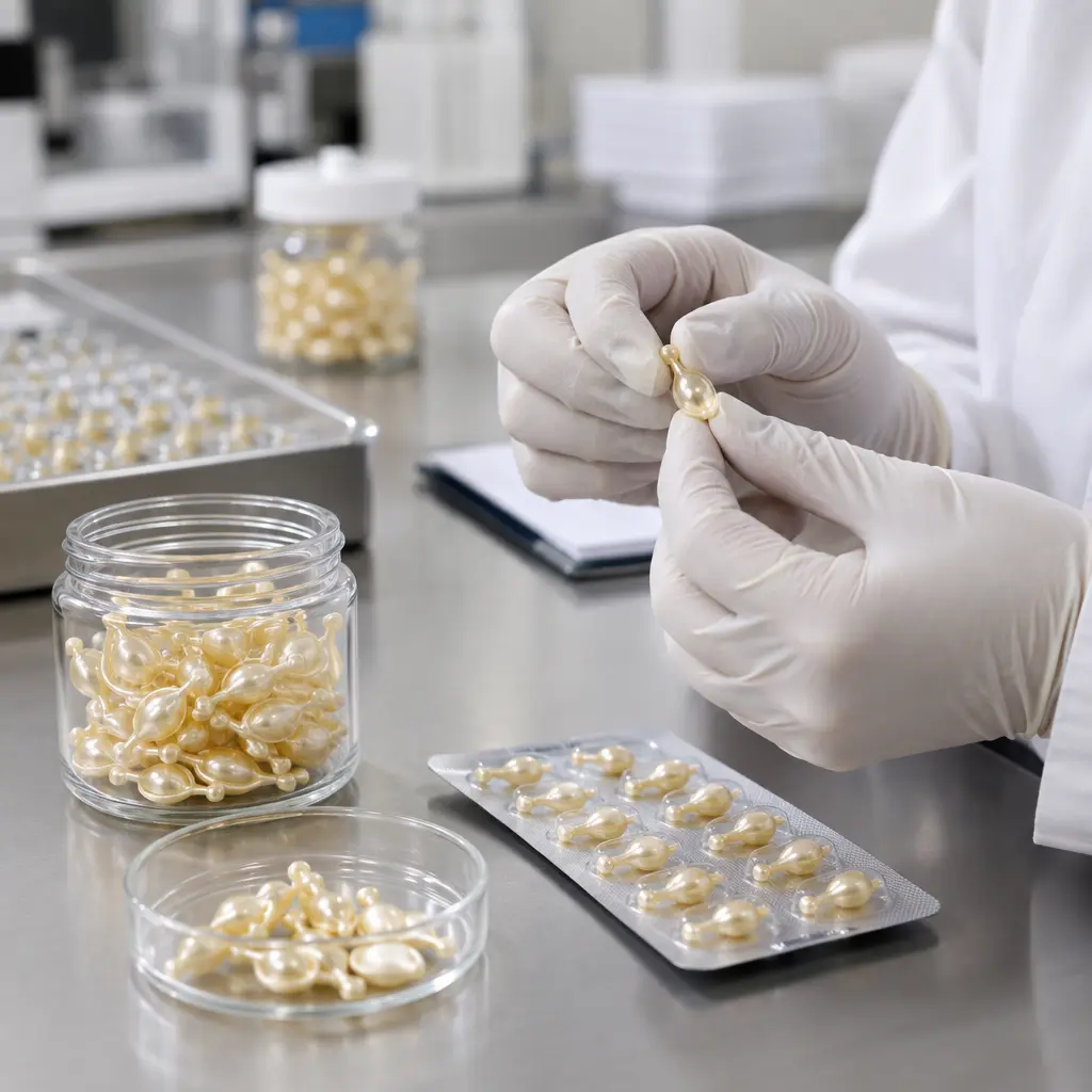 Vegan capsule shell QC inspection with jar and blister packaging samples