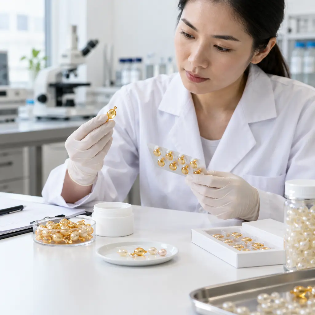 Vegan serum capsule sample confirmation and packaging compatibility review in a cosmetic laboratory