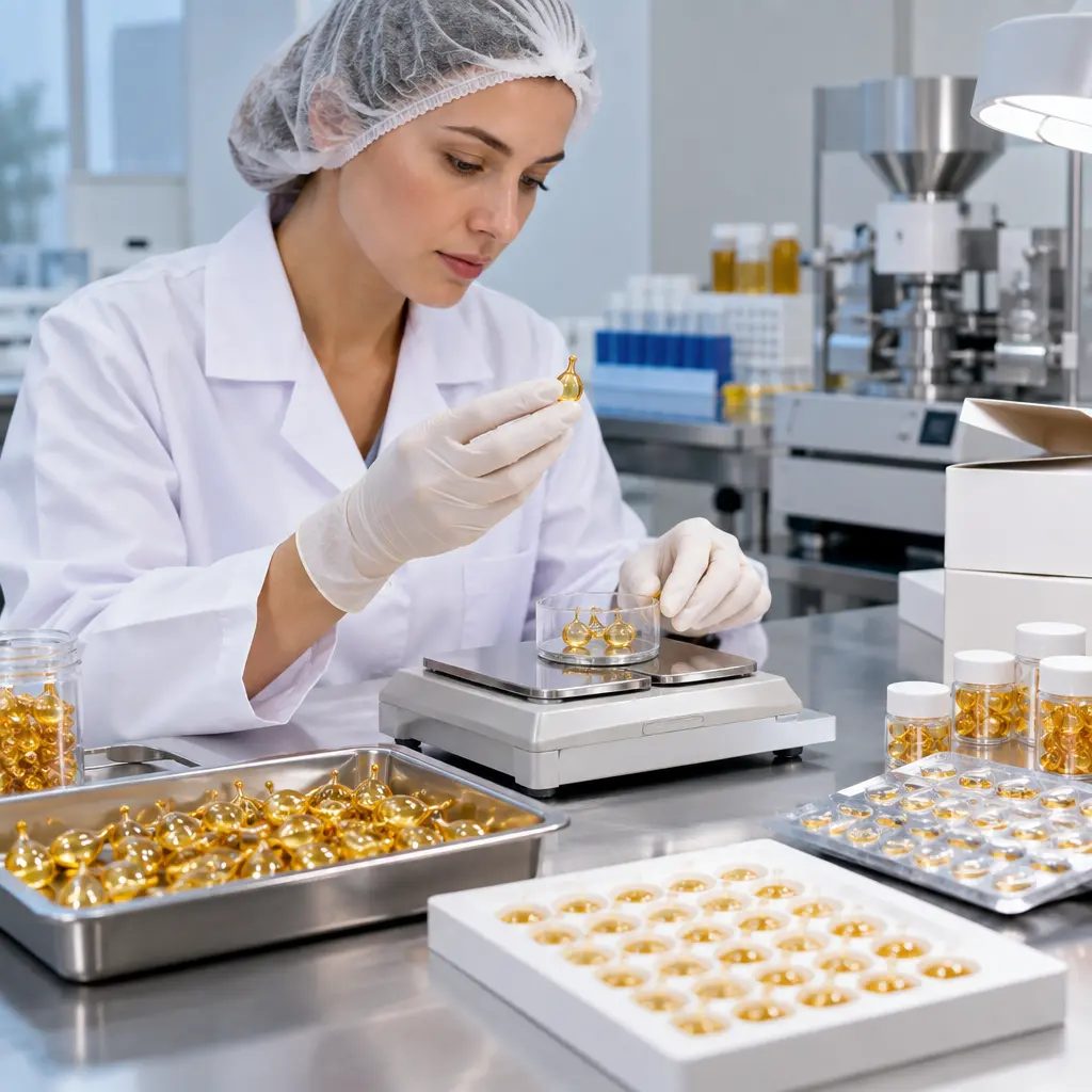 Retinol capsule shell inspection and fill-weight sampling in a cosmetic laboratory