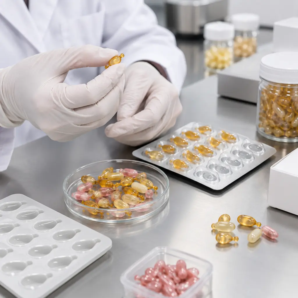 QC inspection of retinol capsules and facial oil capsule packaging